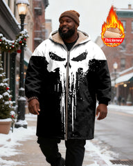 Big & Tall Men's Abstract Skull Print Velvet Thickened Long Hooded Coat