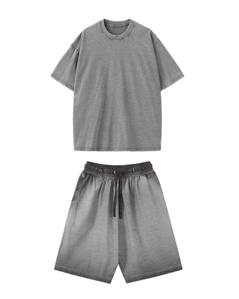 S-5XL Men's Cotton Batik Washed Old Loose T-shirt Shorts Set