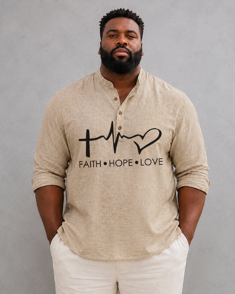 Big & Tall Men'sFaith Hope Love Heartbeat Print Stand-up Collar Long Sleeve Shirt