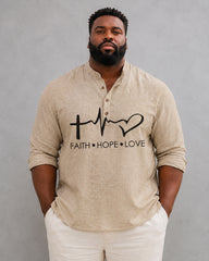 Big & Tall Men'sFaith Hope Love Heartbeat Print Stand-up Collar Long Sleeve Shirt
