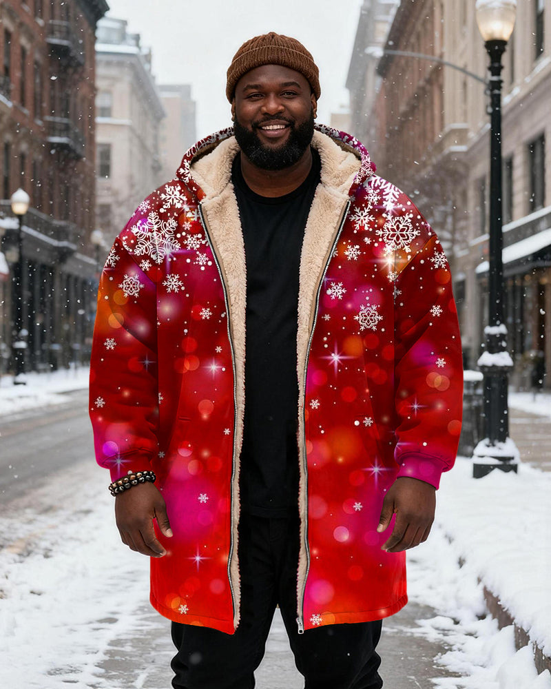 Big & Tall Men's Pink Star Mans Christmas Printed Velvet Thickened Long Hooded Coat