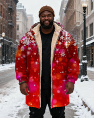 Big & Tall Men's Pink Star Mans Christmas Printed Velvet Thickened Long Hooded Coat