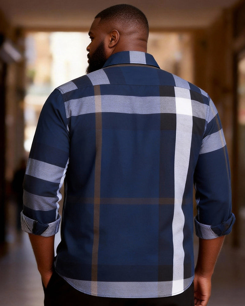 Big & Tall Men's Navy Blue Gradient Check Print Long Sleeve Shirt