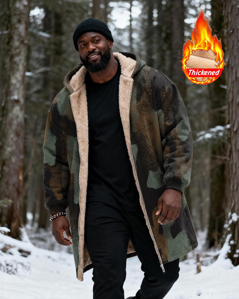 Big & Tall Men's Hunting Style Vintage Camouflage Print Velvet Thickened Long Hooded Coat