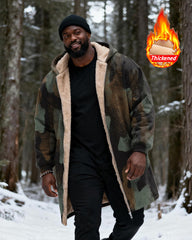 Big & Tall Men's Hunting Style Vintage Camouflage Print Velvet Thickened Long Hooded Coat