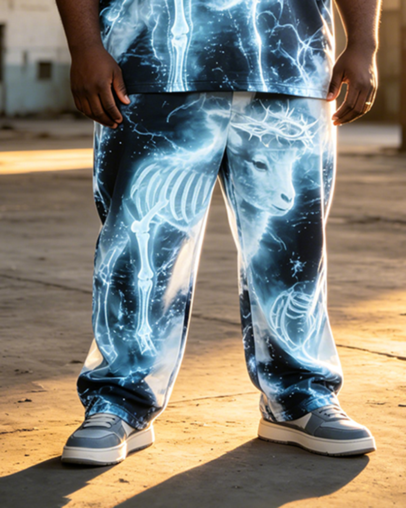 Big & Tall Men's Perspective Lamb Skeleton Bramble Crown Printed T-Shirt Pants Set