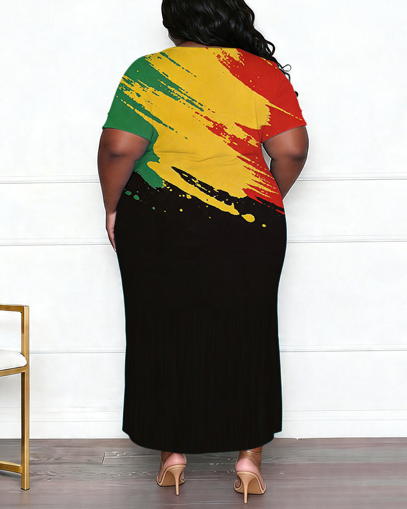 Women's Large Size Red Yellow Green Gradient Stroke Contrast Side Split Short Sleeve Long Skirt