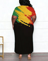 Women's Large Size Red Yellow Green Gradient Stroke Contrast Side Split Short Sleeve Long Skirt