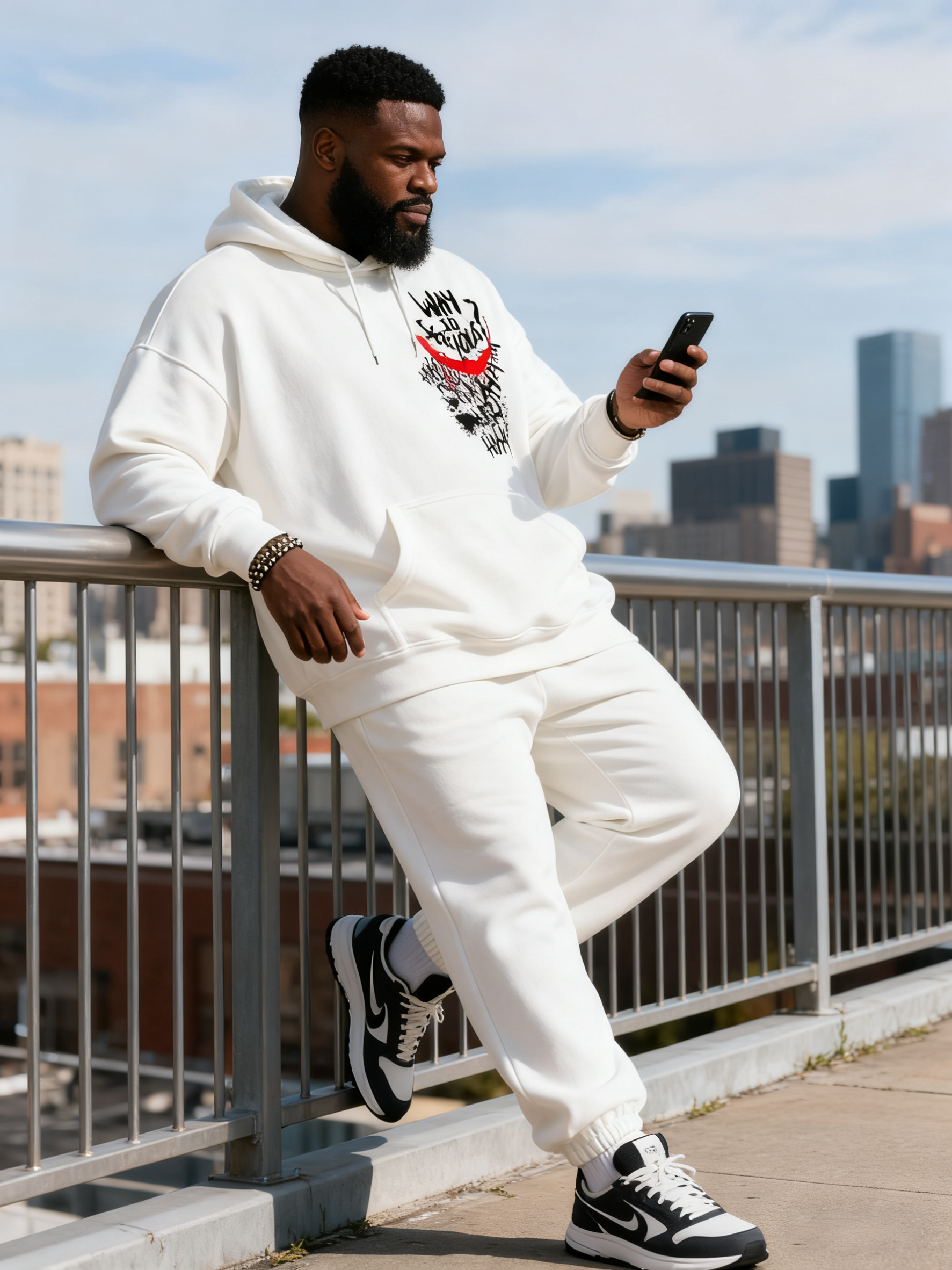 Big & Tall Men's White HA Graffiti Letter Print Hoodie Set