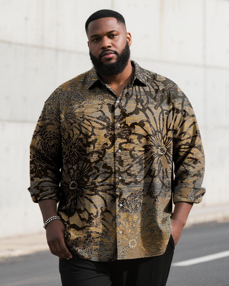 Big & Tall Men's Vintage Brown Floral Print Long Sleeve Shirt