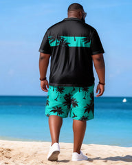Big Men Hawaiian Art Coconut Color Block Polo Shirt And Shorts Two-Piece Set