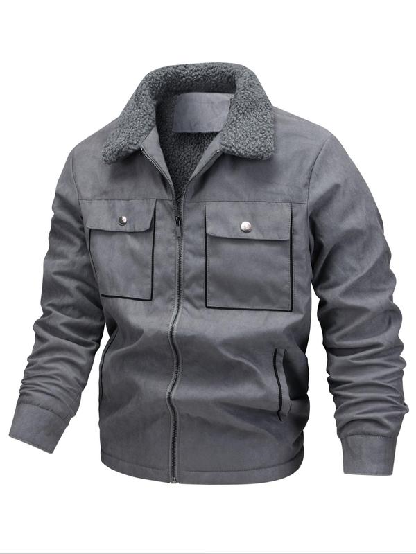 Men's Solid Pocket Zipper Fleece Jacket