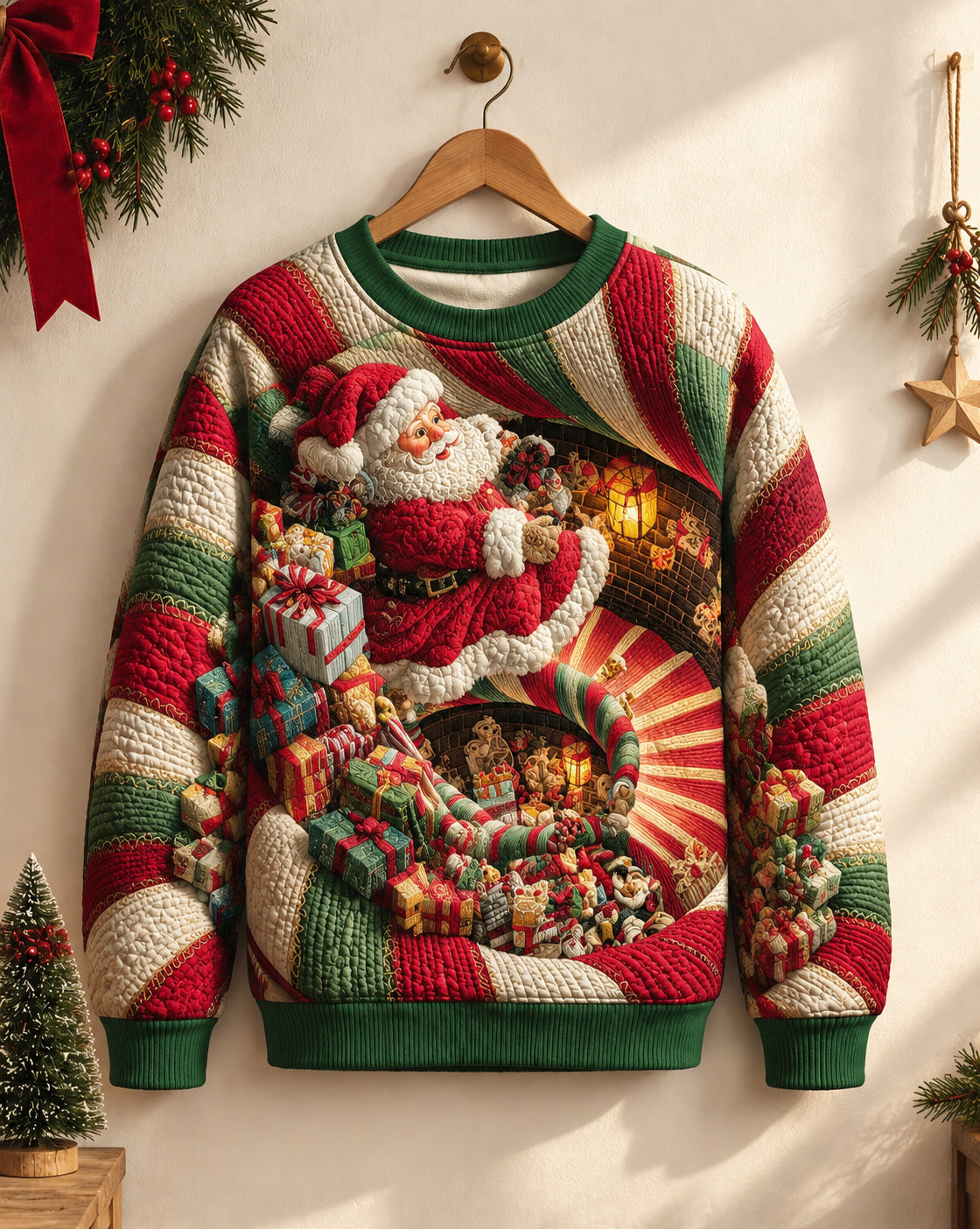 Big & Tall Men's Santa Claus Climbing The Stairs Quilted Sweatshirt
