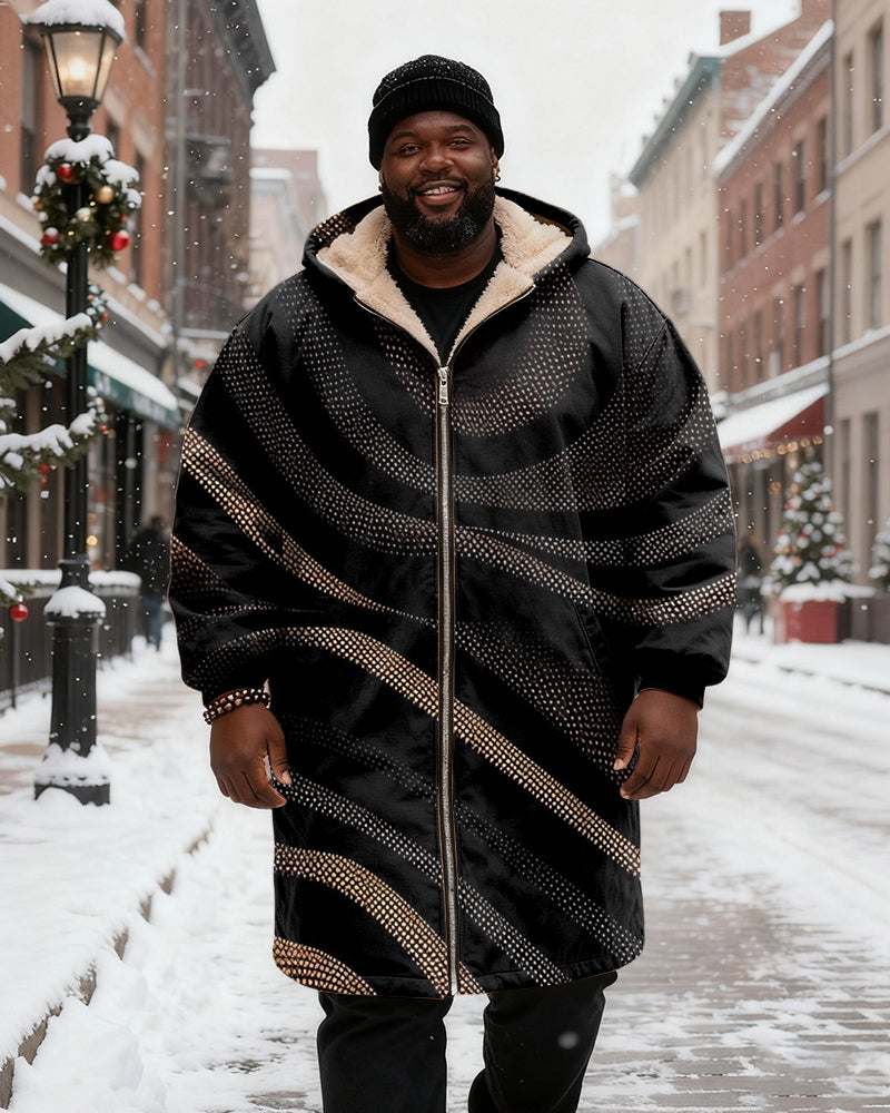 Big & Tall Men's Black Gold Dot Twill Printed Velvet Thickened Long Hooded Coat