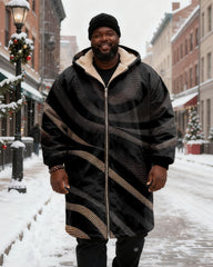 Big & Tall Men's Black Gold Dot Twill Printed Velvet Thickened Long Hooded Coat