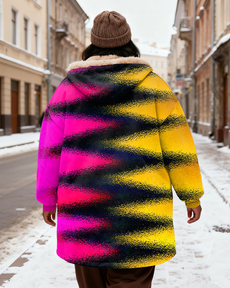Yellow Pink Contrast Gradient Stripe Printed Velvet Thickened Long Hooded Exterior