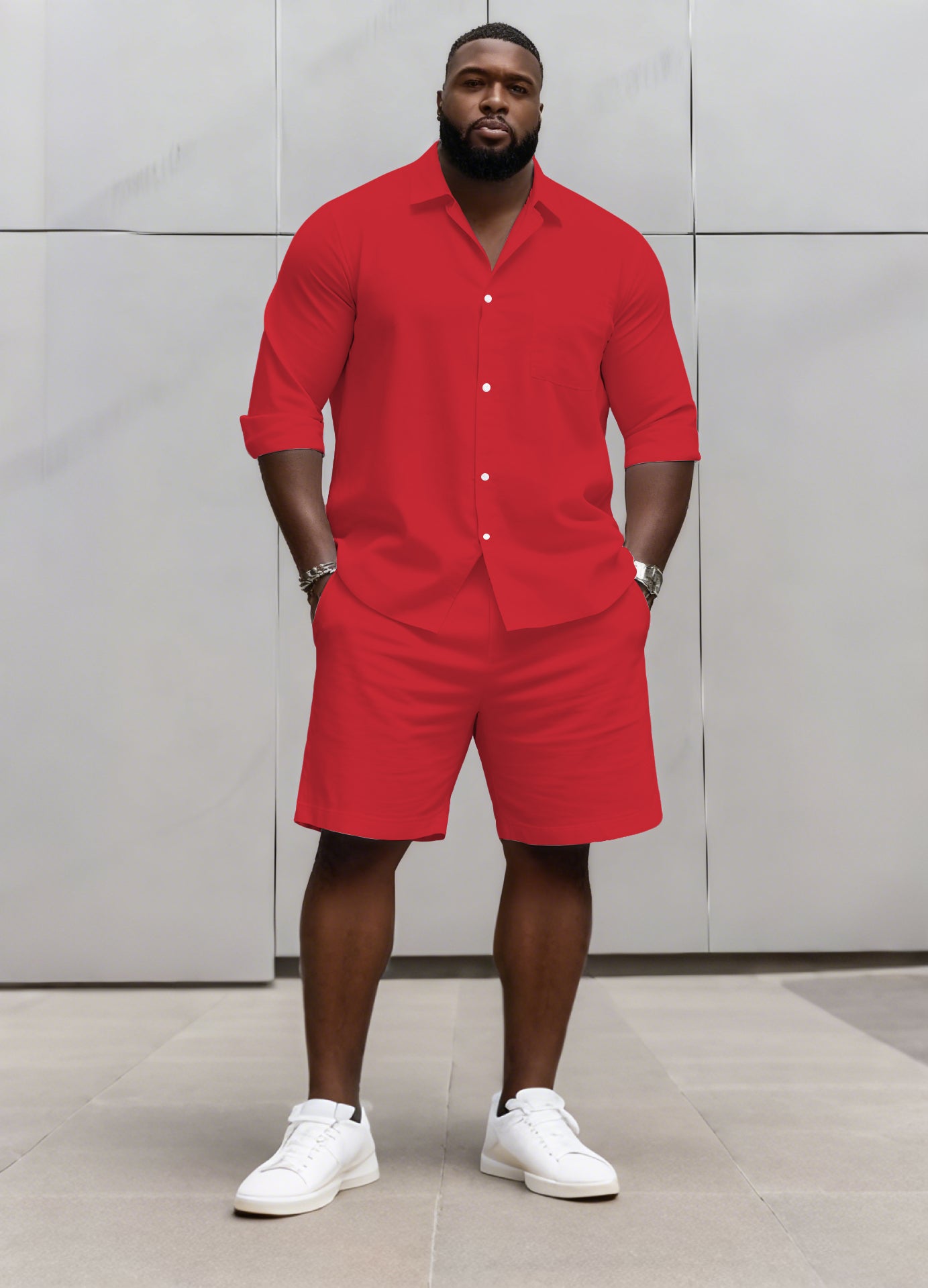Big & Tall Men's Business Solid Color Long Sleeve Shirt Shorts Set