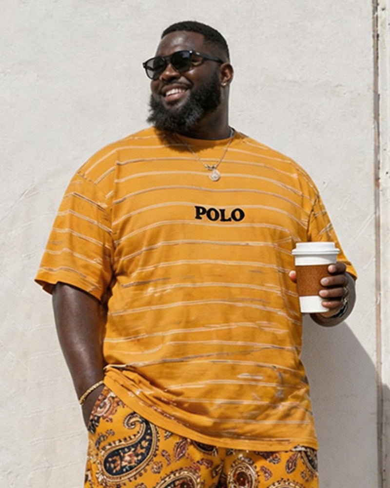 Big & Tall Men's Retro Style Yellow Tone Paisley POLO Letter Printed Round Neck Short Sleeve T-shirt Shorts Set