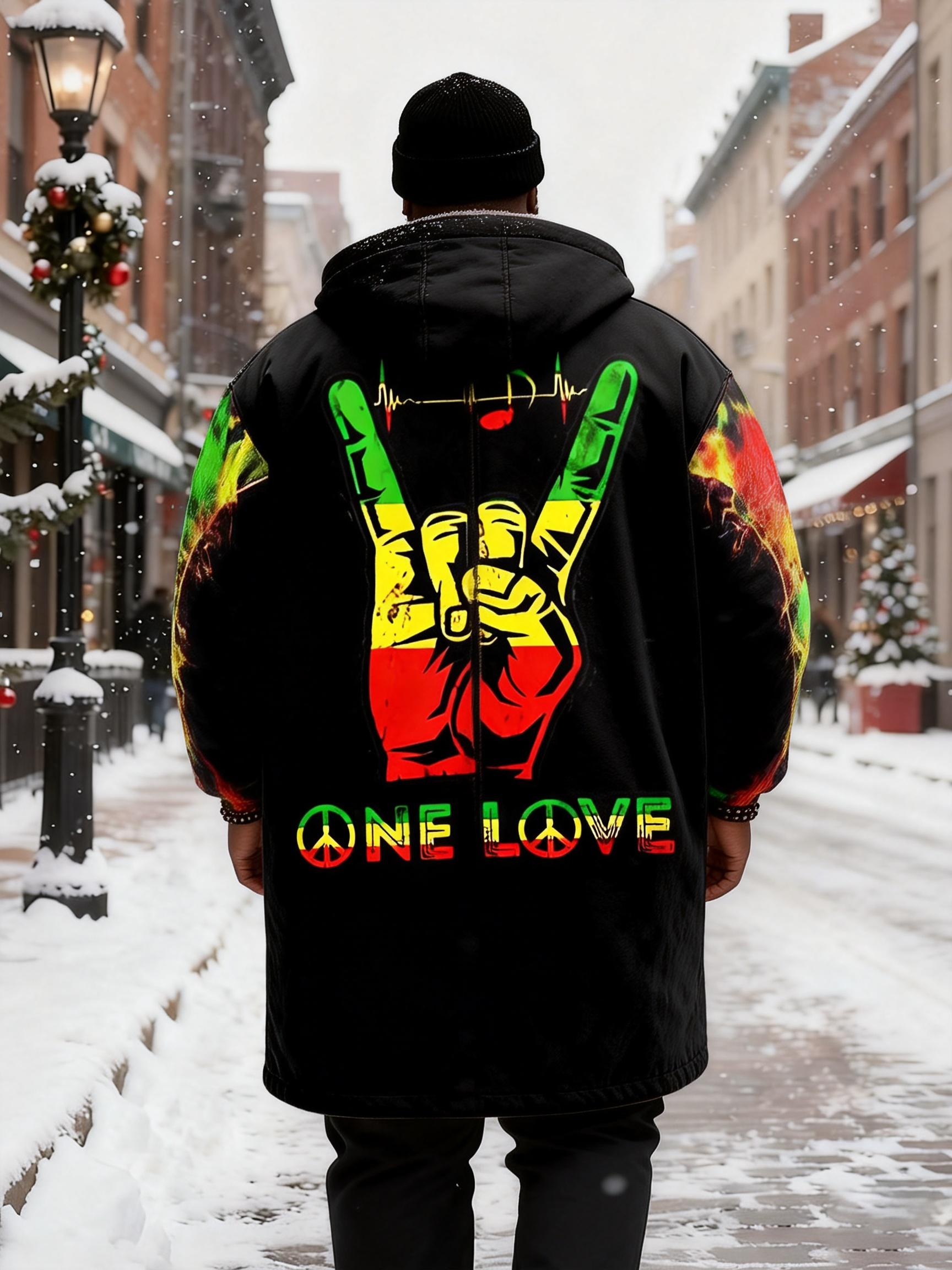 Big & Tall Men's Reggae Peace Gesture ONE LOVE Printed Velvet Thickened Long Hooded Coat