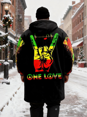Big & Tall Men's Reggae Peace Gesture ONE LOVE Printed Velvet Thickened Long Hooded Coat