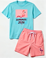 Big & Tall Men's Summer2026 Flamingo Print Round Neck Short Sleeve T-Shirt Shorts Set