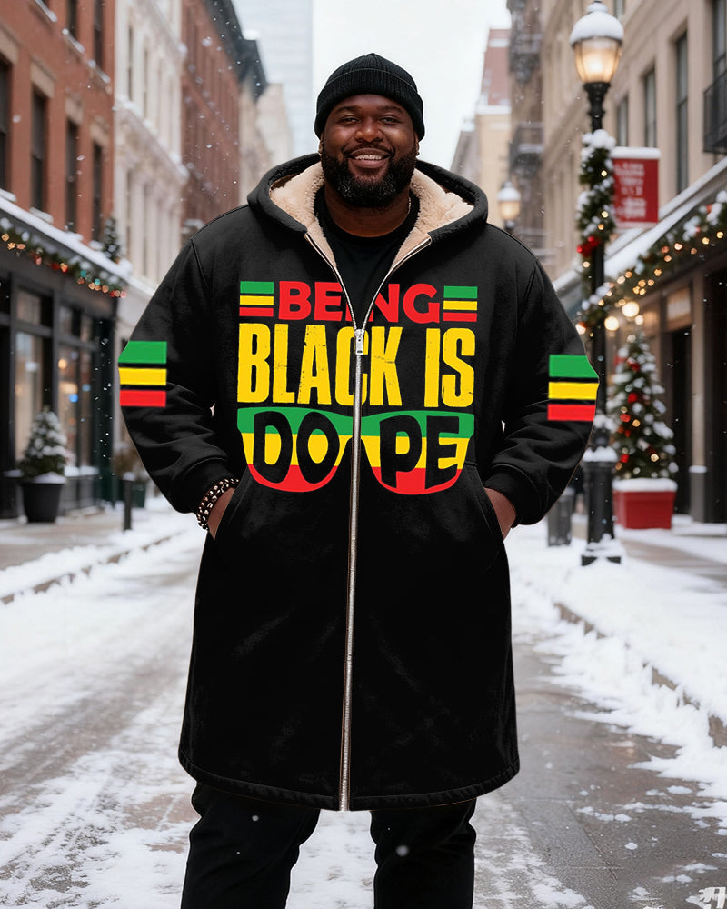 Big & Tall Men's "Being Black Is Dope" Slogan Contrast Color Stripe Printed Velvet Padded Long Hooded Coat