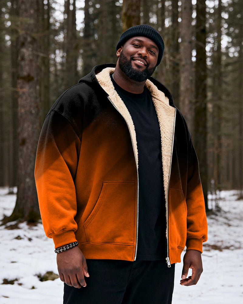 Big & Tall Men's Black And Red Gradient Print Velvet Thickened Zip Cardigan Hoodie