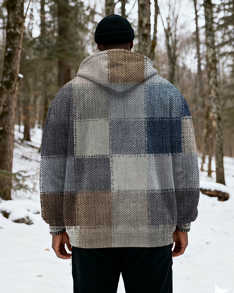 Big & Tall Men's Gray Brown Blue Plaid Stitching Printed Velvet Padded Zipper Hoodie