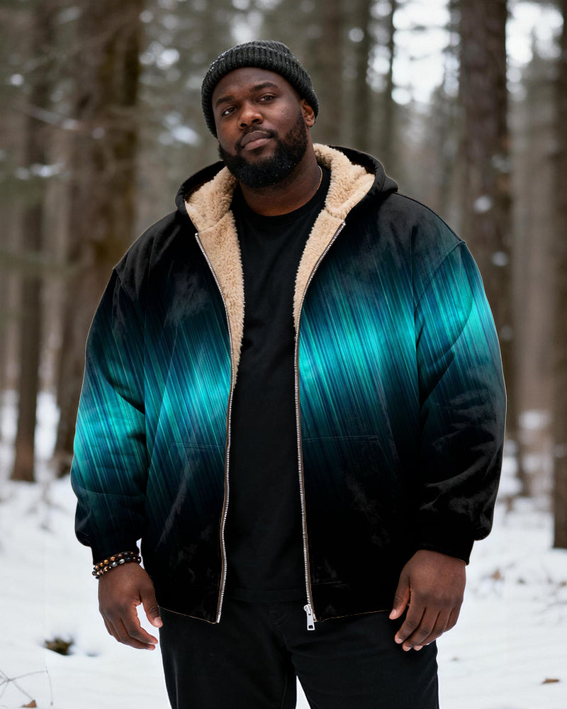 Big & Tall Men's Black Blue Green Gradient Striped Print Velvet Thickened Zipper Hoodie