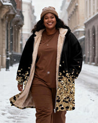 Women's Black Gold Sequin Leopard Print Patchwork Velvet Thickened Long Hooded Coat