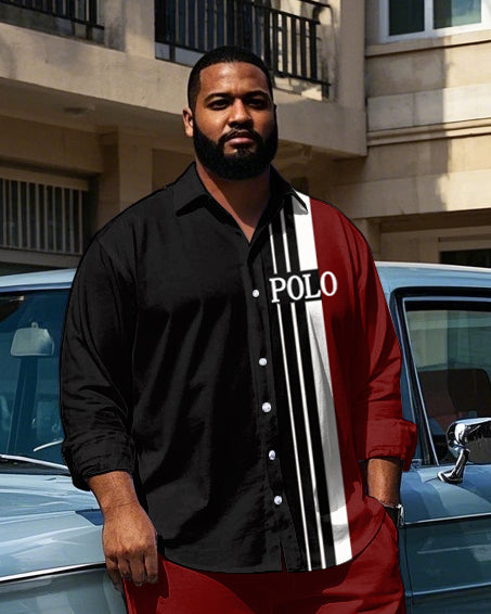 Big Guy's Modern Style POLO Letter with Vertical Splicing Stripe Printed Long Sleeve Shirt Pants Set