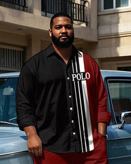 Big Guy's Modern Style POLO Letter with Vertical Splicing Stripe Printed Long Sleeve Shirt Pants Set