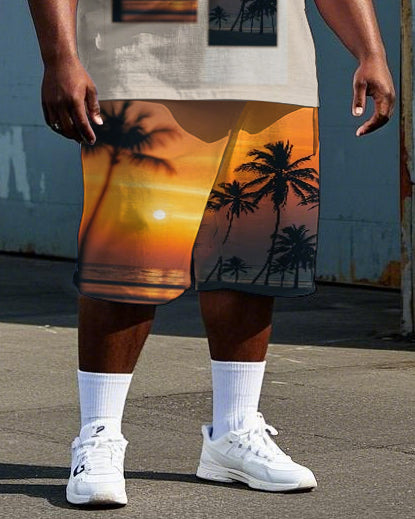 Men's Hawaiian Sunset Scenery Coconut Trees Printed Casual Big Size Short Sleeve T-shirt Shorts Set