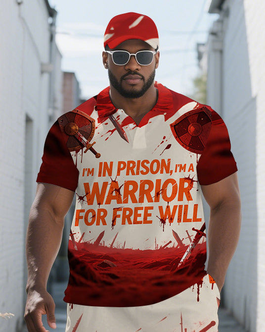 Big Men's WARRIOR Theme Battlefield Gradient Short Sleeve Polo Shirt and Shorts Set