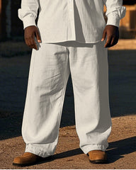 Big Guy's Western Cowboy Style Simple Embroidery Printed Casual Long Sleeve Shirt Pants Set