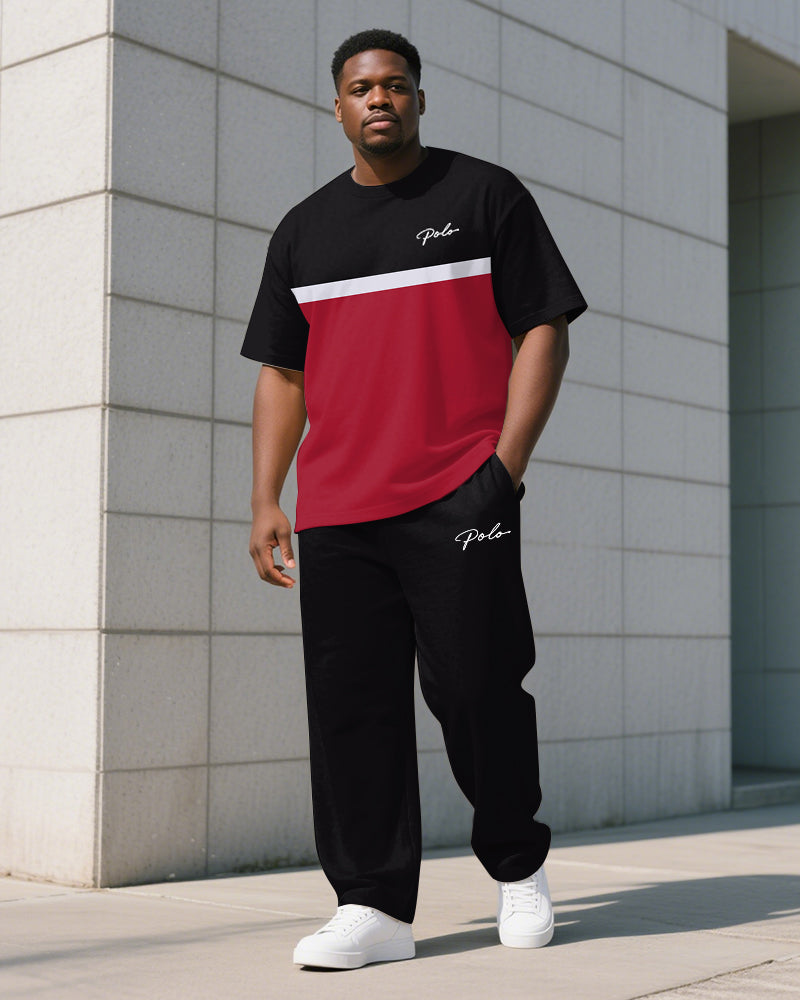 Men's Plus Size Simple Striped Color Block Letter Print T-shirt Trousers Suit
