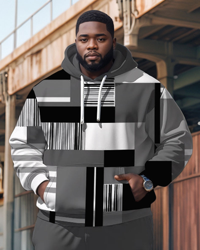 Men's Casual Gray Geometric Print Plus Size Hoodie Suit