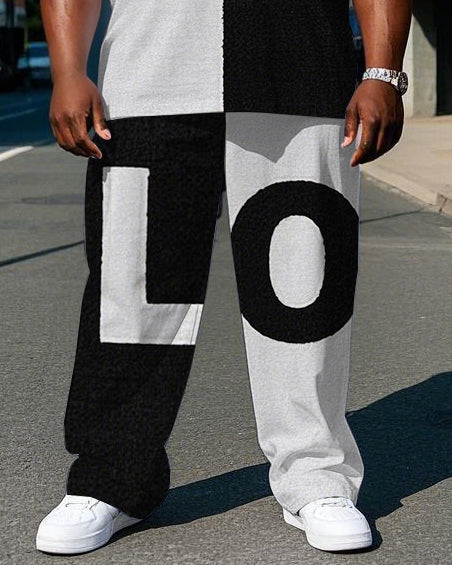 Big Men's Simple Fashion Black & White Splicing Letter POLO Printed Short Sleeve T-shirt Pants Set