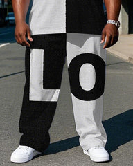 Big Men's Simple Fashion Black & White Splicing Letter POLO Printed Short Sleeve T-shirt Pants Set