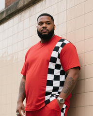 Big Boy Daily Casual Fox Red Chessboard Black And White Plaid Crewneck Short Sleeve T-Shirt Pants Suit