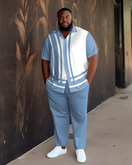 Men's Blue Stitching White Gradient Short Sleeve Walking Set