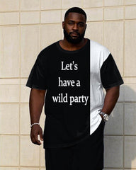 Men's Plus Size Black & White Colorblock "Let's Party Together" Slogan Printed Short Sleeve T-Shirt Trousers Suit