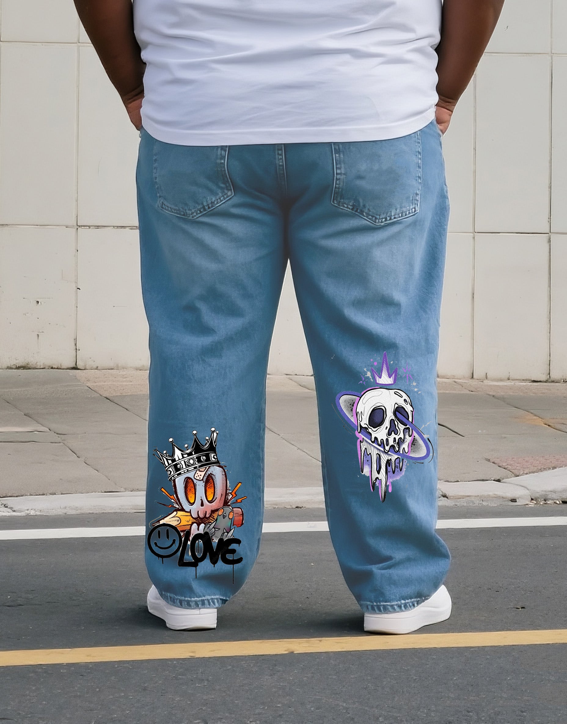 Big & Tall Men's Street Fashion Trend Personality Skull Print Denim Pants. Solid Front