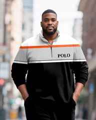 Big & Tall Men's Striped Contrast Printed POLO Collar Zipper Long Sleeve Pants Two-Piece Set