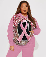 Women's Plus Size Breast Cancer Pearl Print Hoodie Suit