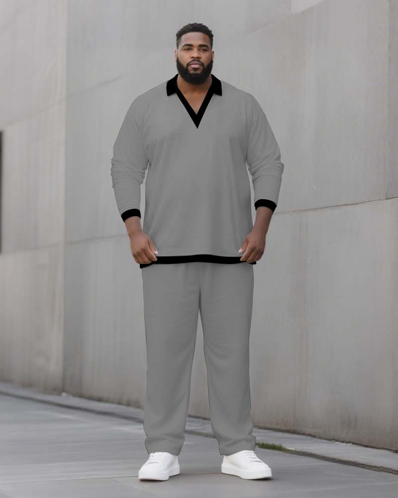 Big & Tall Men's Solid Color POLO V-Neck Long Sleeve Pants Two-Piece Set