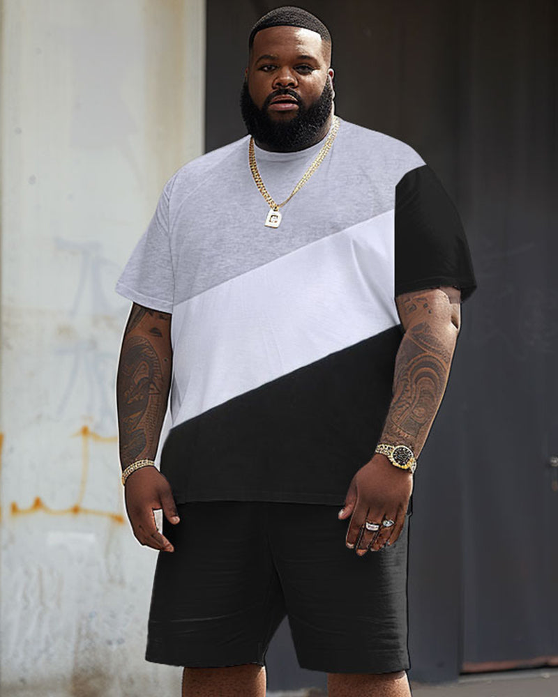 Street Casual Black And White Gray Color Block Print Large Men's Suit