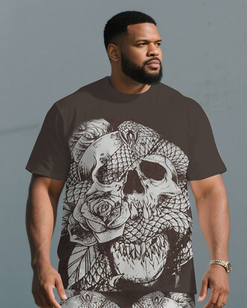 Men's Plus Size Chocolate Skull Rose Print Short Sleeve T-Shirt Shorts Suit