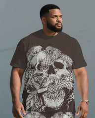 Men's Plus Size Chocolate Skull Rose Print Short Sleeve T-Shirt Shorts Suit
