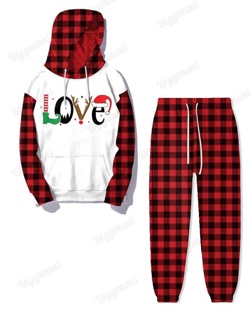 Couple Matching Plus Size Christmas Love Plaid Hoodie Sweatpants Set